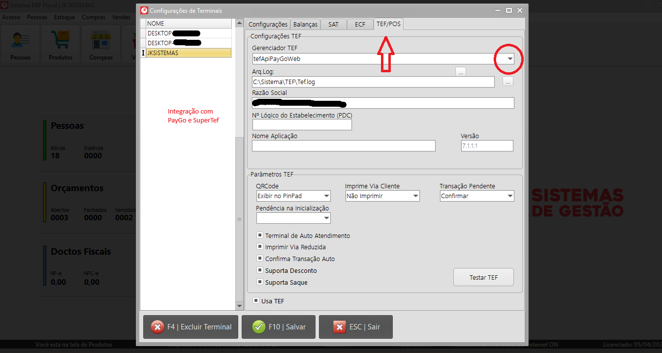 Configurações do TEF